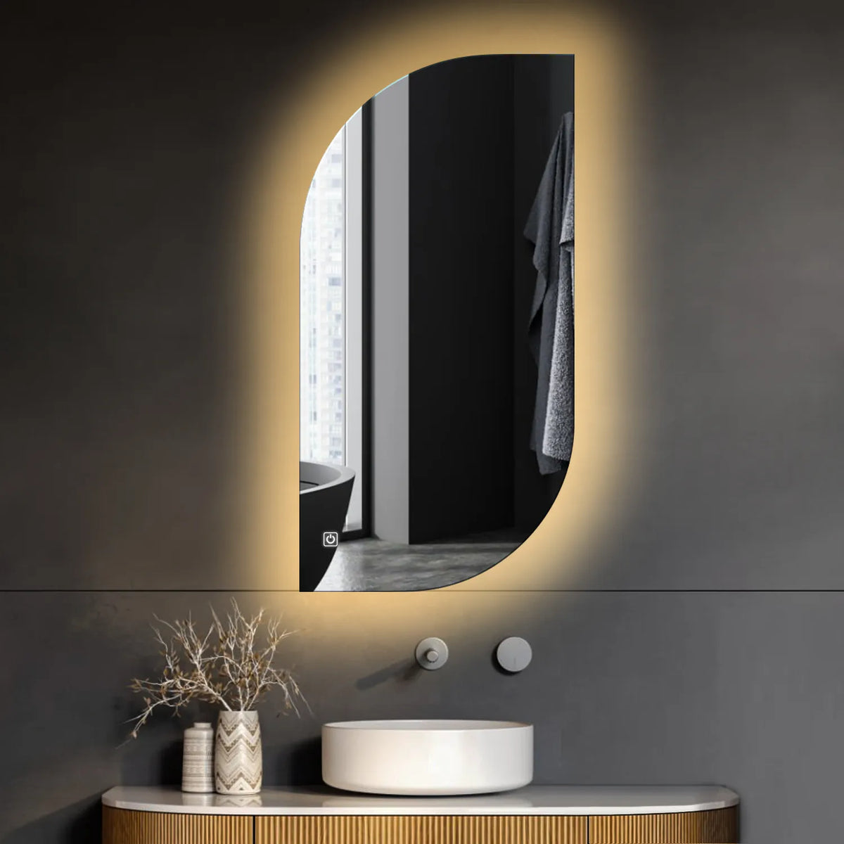 Specchio LED Semiovale 1 | Pulsante touch | Luce bianca calda - Reyze Serie Ambient Modello 1
