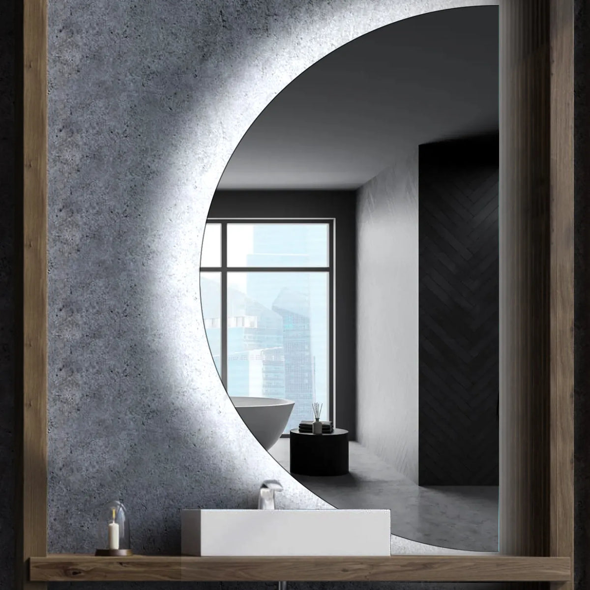 Specchio LED Mezza Luna | Controllo tramite interruttore a muro | Luce bianca fredda - Reyze Serie Ambient Modello 1 - Lato Destro