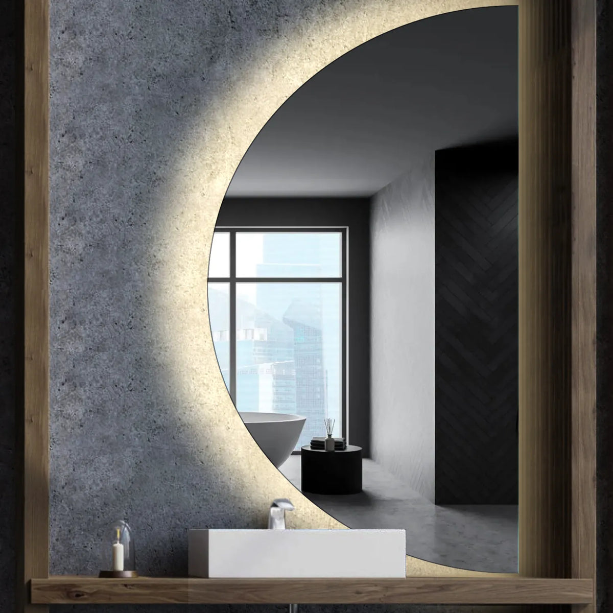 Specchio LED Mezza Luna | Controllo tramite interruttore a muro | Luce bianca neutra - Reyze Serie Ambient Modello 1 - Lato Destro