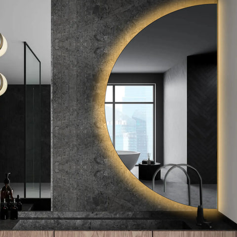 Specchio LED Mezza Luna | Controllo tramite interruttore a muro | Luce bianca calda - Reyze Serie Ambient Modello 1 - Lato Destro