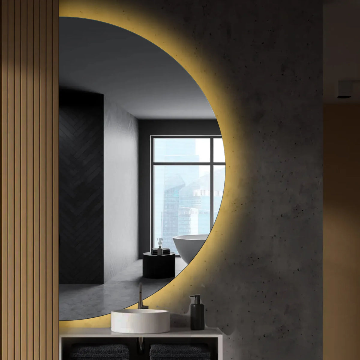 Specchio LED Mezza Luna | Controllo tramite interruttore a muro | Luce bianca calda - Reyze Serie Ambient Modello 1 - Lato Sinistro