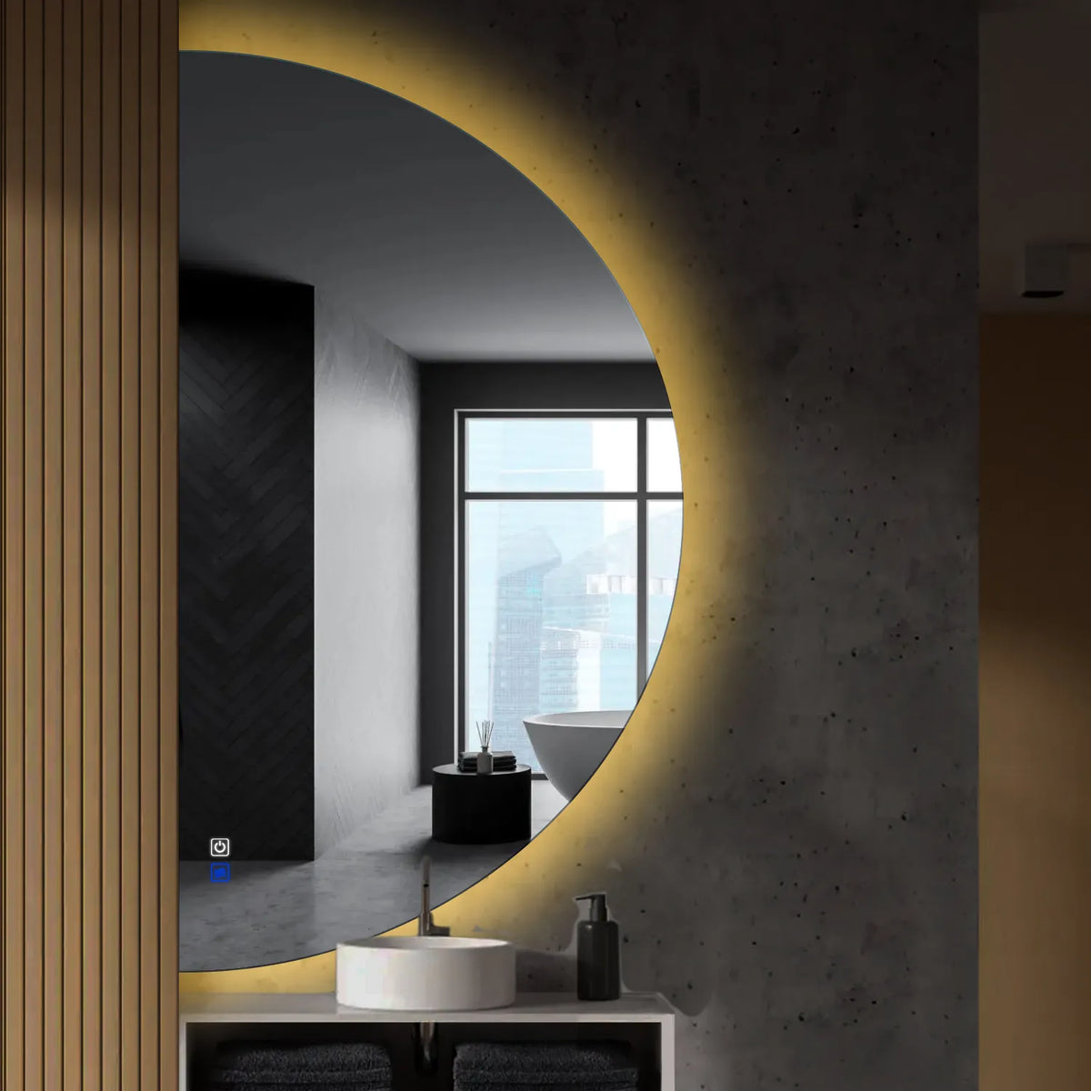 Specchio LED Mezza Luna | Pulsanti touch | Funzione anti-appannamento | Luce bianca calda - Reyze Serie Ambient Modello 1 - Lato Sinistro